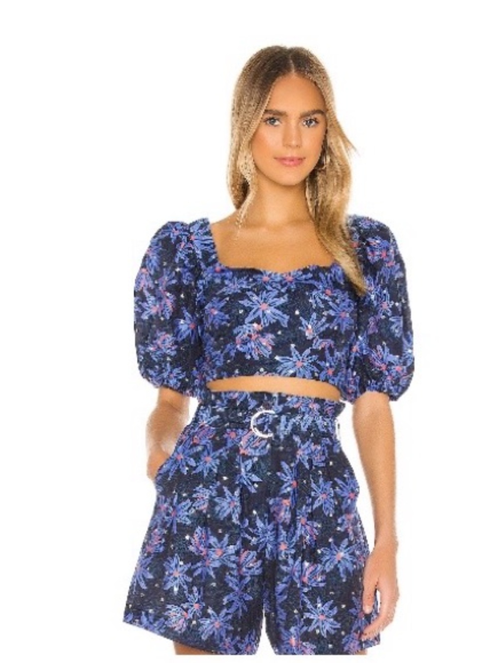 Sabrina Musayev High-Waist Floral Print Two Piece Short Set in Navy Blue